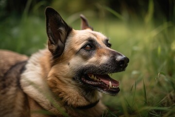 portrait of happy dog lying on green grass, with its head turned to the side, created with generative ai