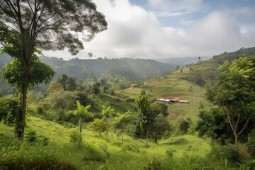 Obraz premium forest with view of rural village in the distance, created with generative ai