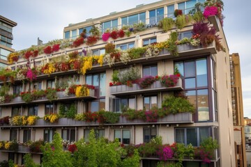 high-rise apartment building with colorful window boxes and rooftop gardens, created with generative ai