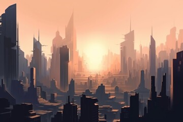 cityscape with towering skyscrapers, bustling metropolis and futuristic skyline, created with generative ai