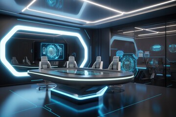 futuristic virtual meeting room, with sleek metallic accents and holographic projectors, created with generative ai