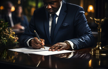 A man in a suit, businessman signing an important document. Generative AI.