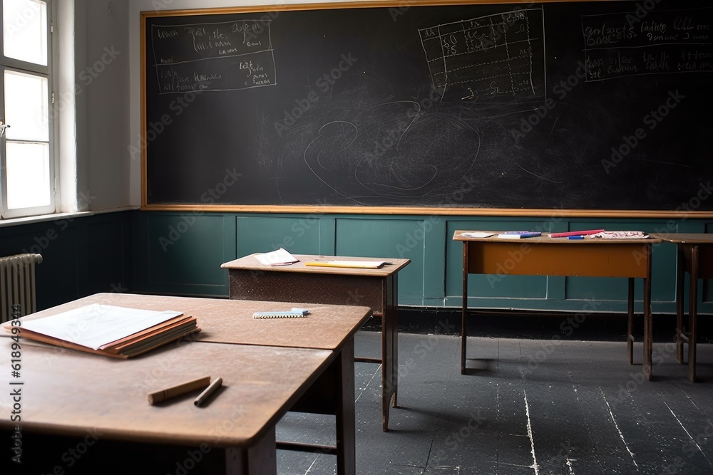 Sticker an empty classroom with a blackboard, chalk and eraser ready for the day's lessons, created with generative ai