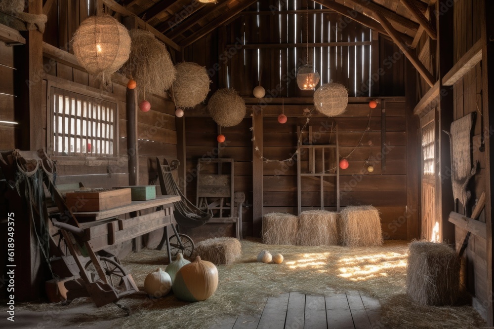 Poster rustic barn with bales of hay, lanterns, and wooden rocking horse, created with generative ai