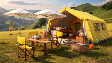 A tent set up in the middle of a field. Generative AI.