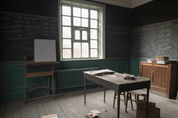 an empty classroom with a blackboard, chalk and eraser ready for the day's lessons, created with generative ai