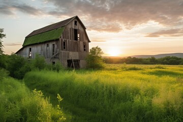 rustic barn with the golden light of sunset, surrounded by green pastures, created with generative ai
