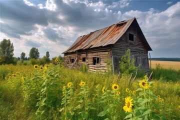 Fototapeta na wymiar rustic barn with sunflowers, symbol of warmth and happiness, created with generative ai