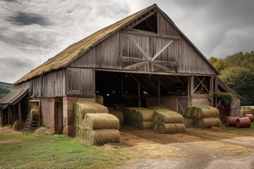 Naklejka premium rustic barn with bales of hay and horse stabled inside, created with generative ai