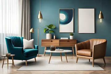 Creative composition of cozy living room interior design with mock up poster frame, fluffy armchair, folding screen, coffee table, commode and personal accessories