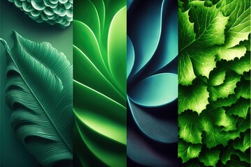 a series of three images of green leaves and flowers, each with a different color scheme, each with a different leaf type, and shape, all of different shapes and sizes, all on a.
