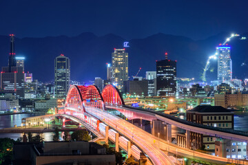 Kobe, Japan cityscape with the Kobe Ohashi Bridge