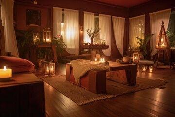 wellness retreat with comfy seating, candlelight and incense for peaceful meditation, created with generative ai