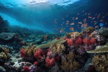 coral reef with schools of colorful fish swimming among the coral, created with generative ai