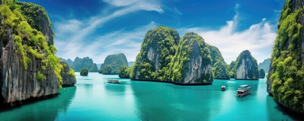 tropical island with boat, landscape with lake and blue sky, Thailand, Phuket