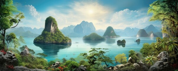 tropical island with boat, landscape with lake and blue sky, Thailand, Phuket - obrazy, fototapety, plakaty