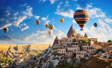 Hot air balloons flying over spectacular Cappadocia. Turkey - obrazy, fototapety, plakaty