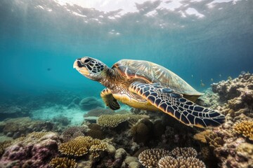 Obraz premium sea turtle swimming in calm and clear blue water, surrounded by coral reef, created with generative ai