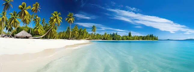 tropical island with palm trees, white sand and coco palms travel tourism wide panorama background concept, amazing beach landscape