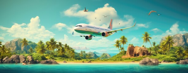 Concept of airplane travel to exotic destination, tropical island in the ocean