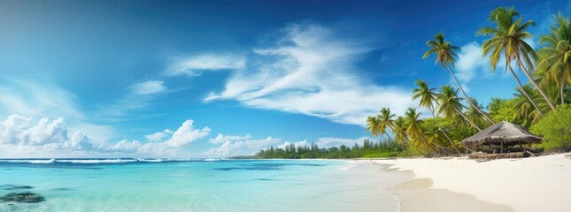 Obraz na płótnie Canvas tropical island with palm trees, white sand and coco palms travel tourism wide panorama background concept, amazing beach landscape