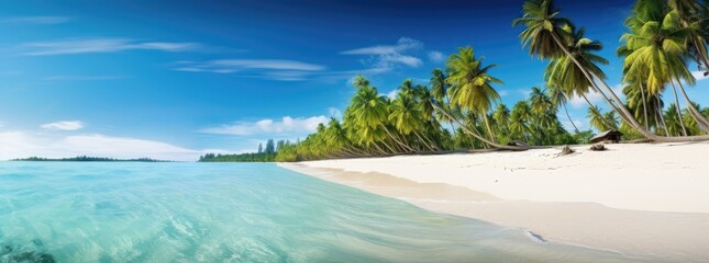 tropical island with palm trees, white sand and coco palms travel tourism wide panorama background concept, amazing beach landscape
