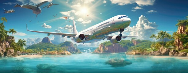 Naklejka premium Concept of airplane travel to exotic destination, tropical island in the ocean