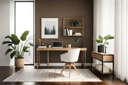 Creative composition of workplace interior with mock up poster frame, wooden desk, rattan chair, black rack, patterned rug, plant, brown wall, books and personal accessories