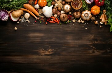 Naklejka premium Food cooking background, ingredients for preparation vegan dishes, vegetables, roots, spices, mushrooms and herbs. Old cutting board. Healthy food concept. Rustic wooden table background, top view