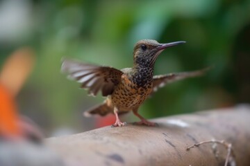 Obraz premium tiny hummingbird learning to fly in slow motion, with its wings moving in a blur, created with generative ai