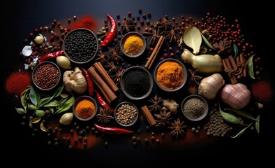 Fototapeta na wymiar spices and herbs on black