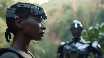 cyborg transhumanism woman and a robot is a soldier with combat gear, artificial intelligence and autonomous weapon technology, machine as a humanoid android, war, in use with armament, machine gun