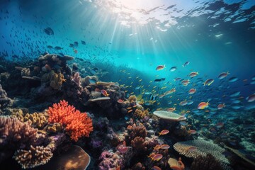 Naklejka na ściany i meble underwater scene, with schools of tropical fish swimming among colorful coral reefs, created with generative ai