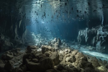 Fototapeta na wymiar close-up of intricate underwater cave formations, with schools of fish swimming among them, created with generative ai