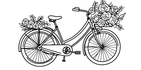 A drawing of a bicycle with a basket of flowers. Generative AI.