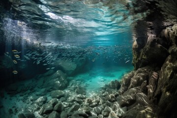 submerged cave, with schools of fish swimming among the crystal clear waters, created with generative ai