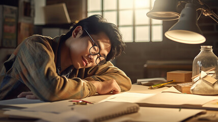 Fototapeta na wymiar young adult man or teenage boy, fell asleep while working on the desk, satisfied and happy, smiling, good beautiful dream, have dreams, realize dream as an inventor, fictitious happening