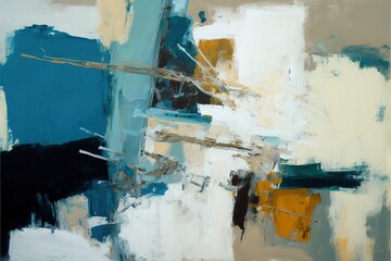 an abstract painting with blue, yellow, and white colors on a white background with a black and yellow strip of paint on the bottom half of the painting, and the bottom half of the painting.