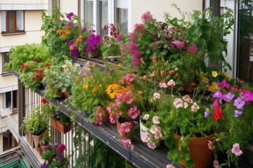 balcony garden overflowing with blooming flowers and herbs, created with generative ai