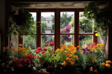 window garden filled with blooming flowers and the sound of birds singing, created with generative ai