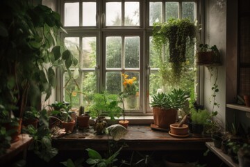 Fototapeta na wymiar white window garden with plants spilling over the sill and into the room, created with generative ai