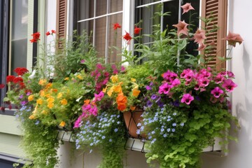 Fototapeta na wymiar window garden with hanging baskets and colorful flowers, created with generative ai