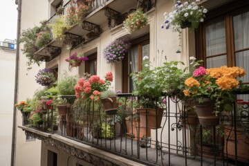 Fototapeta na wymiar view of relaxing balcony with potted plants and window boxes filled with colorful flowers, created with generative ai