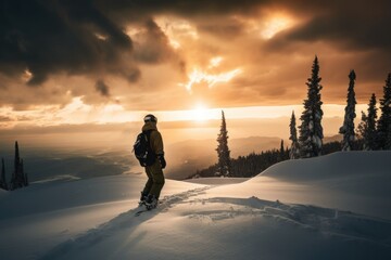 winter sports (snowboarding, snowshoeing) at sunset with dramatic sky and clouds, created with generative ai
