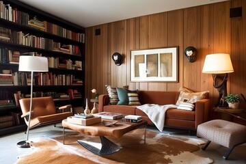 wood-paneled wall with built-in bookshelf, adding warmth and personality to the room, created with generative ai