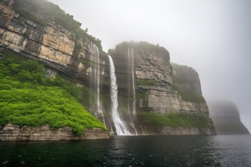 majestic waterfall cascading over rocky cliff face, with mist rising from the water, created with generative ai