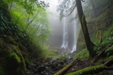cascading waterfall in misty forest with towering trees, created with generative ai