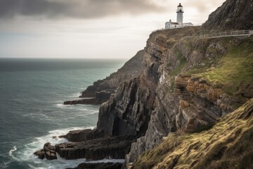 Fototapeta na wymiar coastal cliff with lighthouse, providing a beacon of safety, created with generative ai