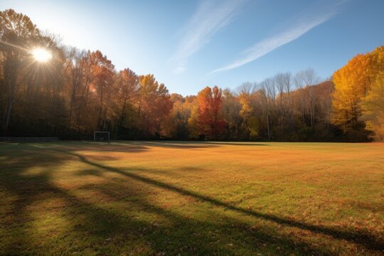athletic field with the sun shining, bringing out the vivid colors of the field, created with generative ai