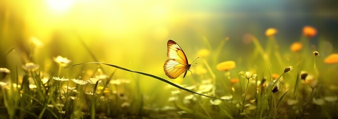 An illustration of a beautiful, colorful natural spring-summer background with grass and a fluttering butterfly on a bright sunny day. Soft focus and panoramic view. Created with Generative AI technol